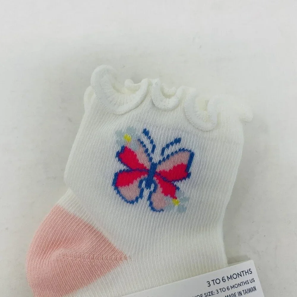 Janie and Jack Baby Girls 3-6 Months Butterfly Ruffle Ankle Socks in White/Pink